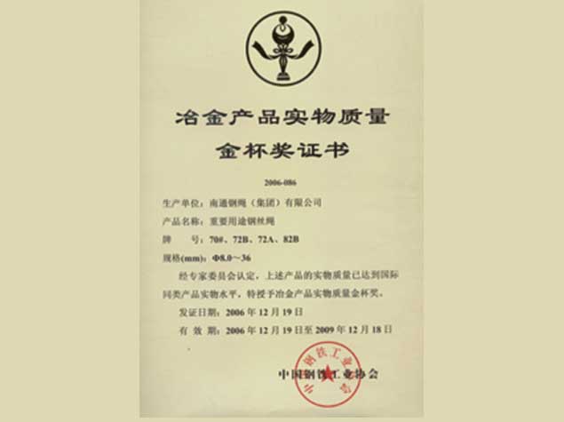 Gold Cup Award Certificate for Physical Quality of Metallurgical Products